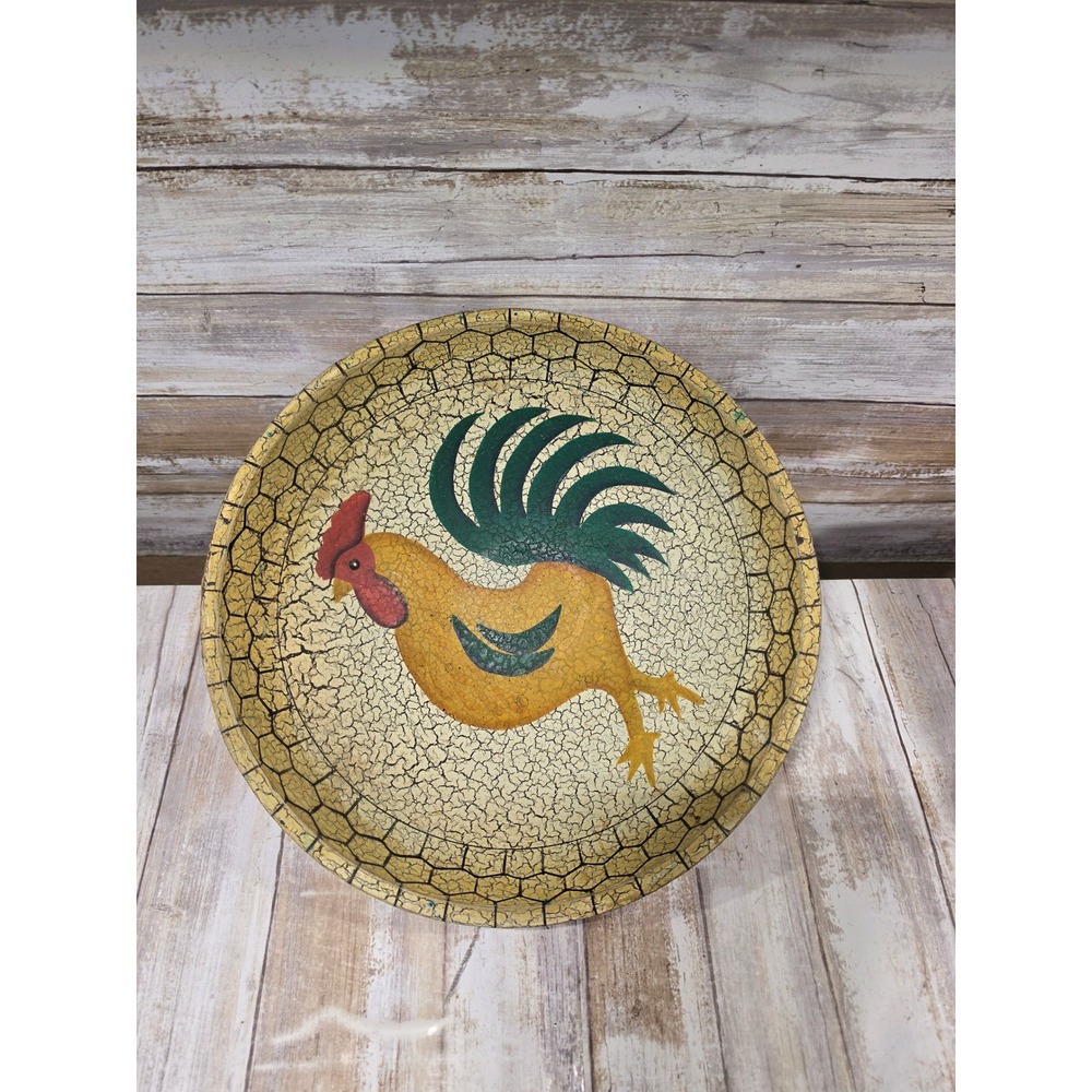 Rustic Hand Painted Rooster Wooden Bowl Farmhouse Folk Art Crackle Finish Red